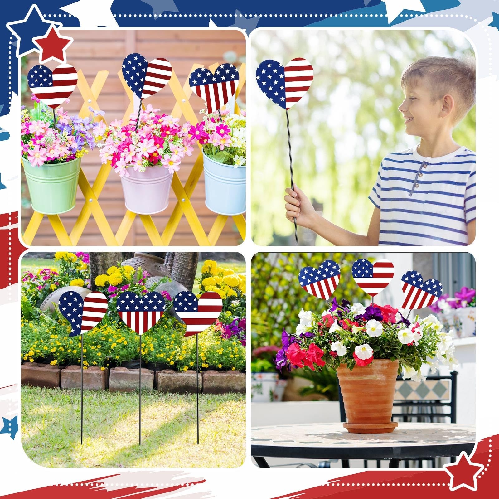 6 Pcs 12″ H Patriotic Yard Decor 4th of July Outdoor Decor Red White Blue Hea…