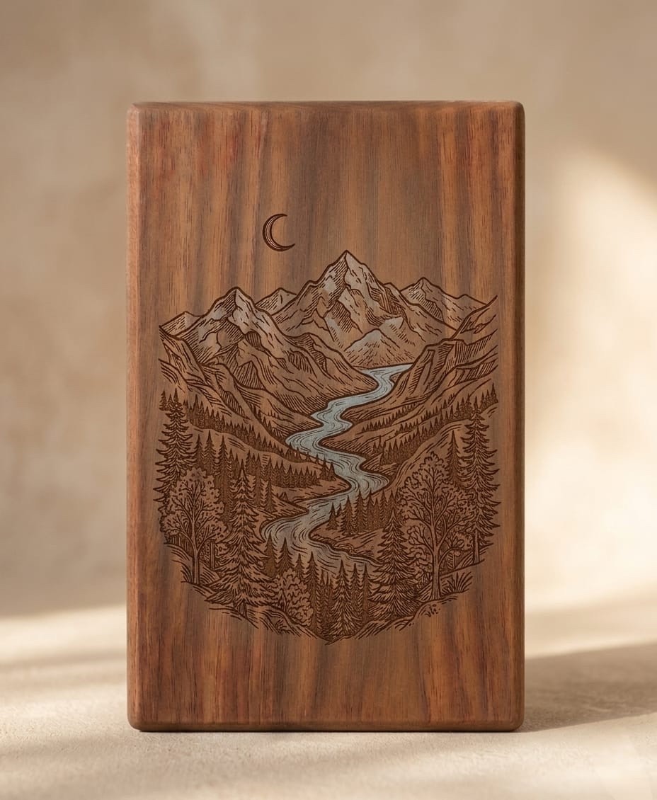 Handcrafted Walnut Cremation Urn: Mountain River Landscape Memorial urn