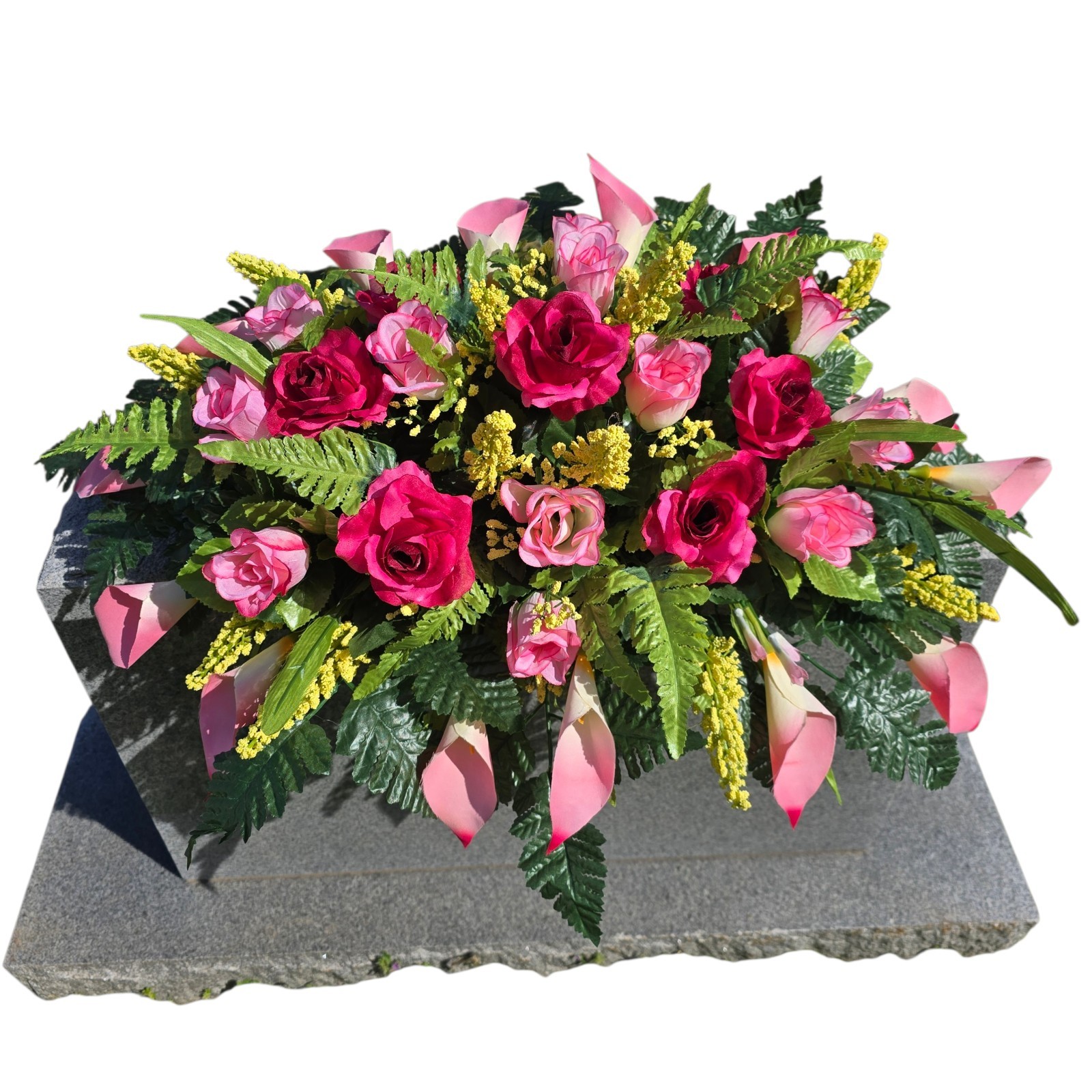 BEAUTY PINK HEADSTONE SADDLE WITH BEAUTY ROSES AND CALLA LILY’S FOR CEMETERY