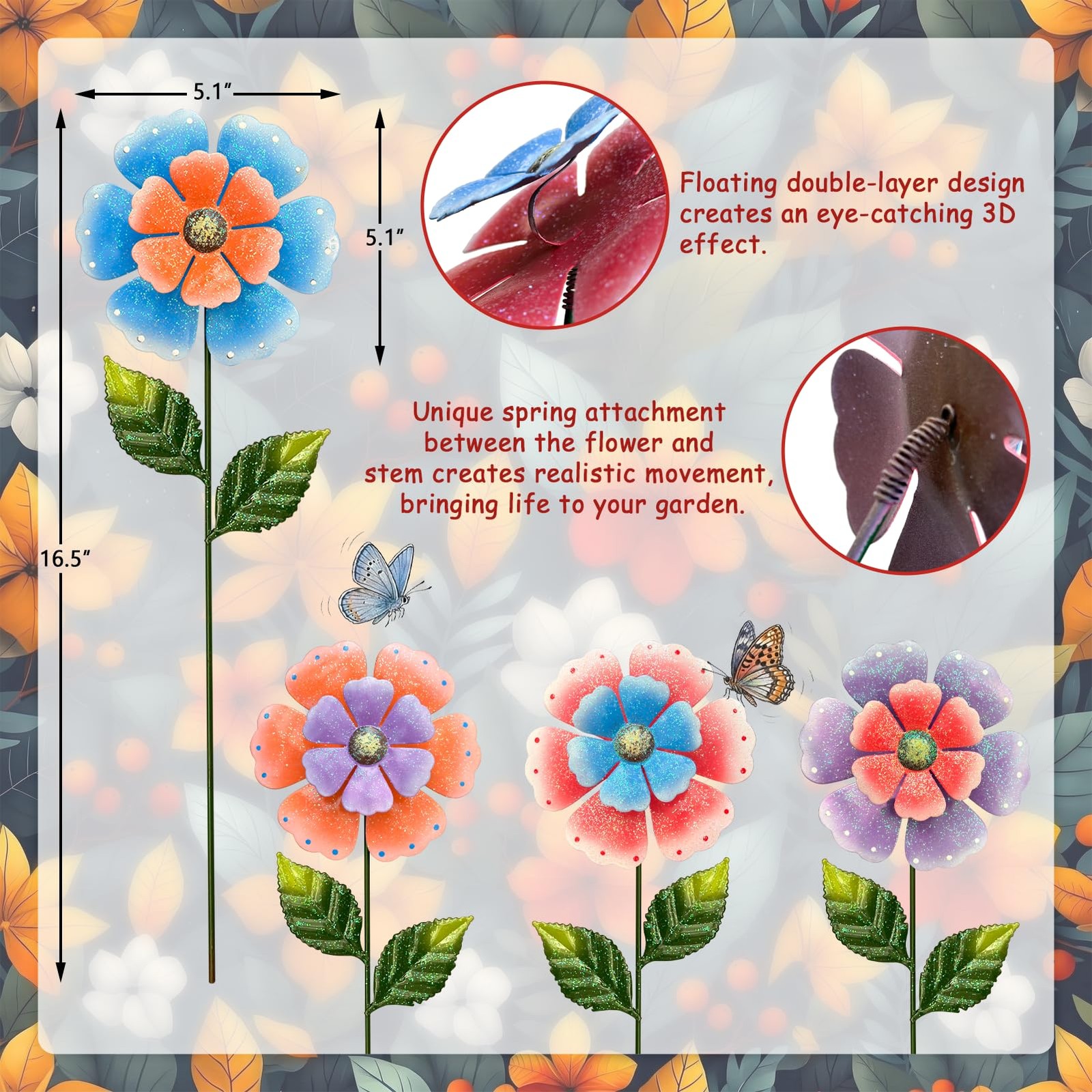 4-Pcs 16.5″ Metal Flower Garden Stakes: Hand-Painted, Weather-Resistant Decor
