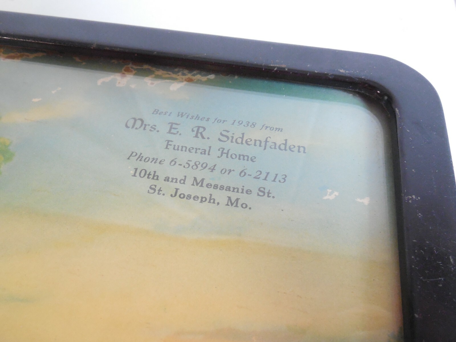 Vig 1938 Mrs E R Sidenfaden Funeral Home St Joseph Mo Glass Picture Thermometer