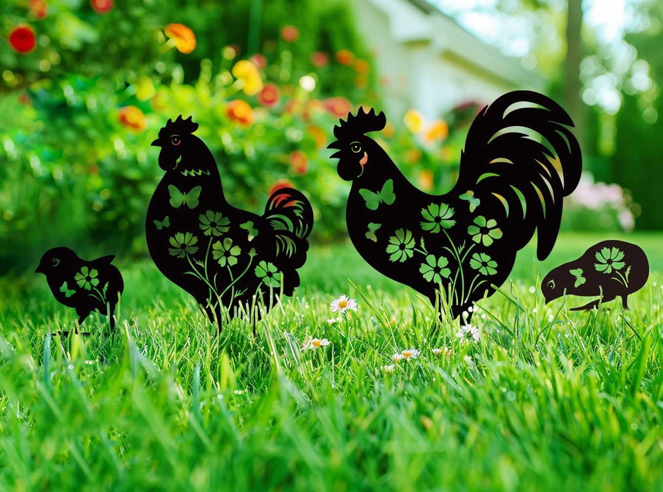 Metal Chicken Garden Decor – 4 Pcs Yard Art Stakes for Outdoor Lovers