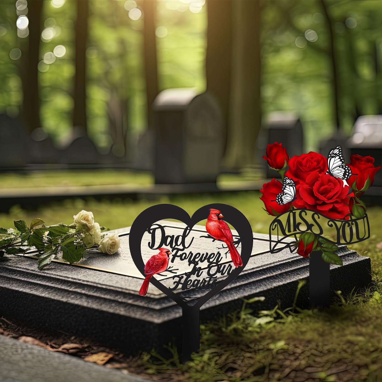 Father’s Day Grave Decorations 2 Pcs Metal Rose Memorial Markers for Dad