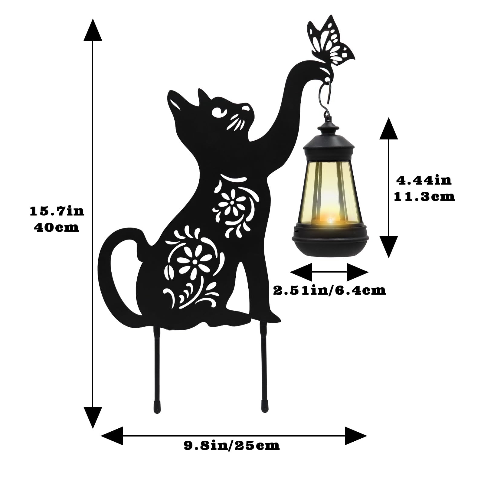 Black Cat Solar Light Outdoor Garden Decor – Metal Cat Holding Lantern Stake,…