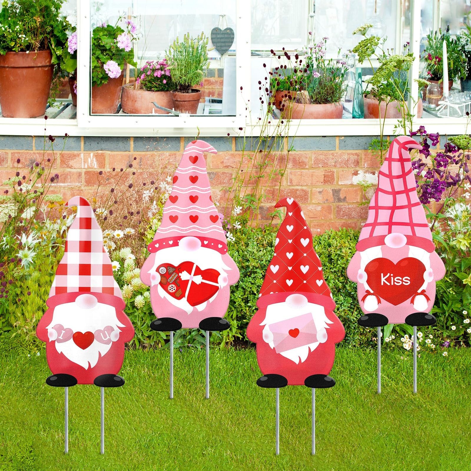 4 Pcs Metal Valentine’s Day Gnome Yard Signs with Metal Stakes Love Heart Gno…