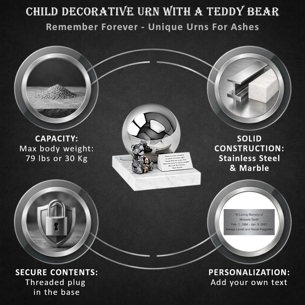 Teddy Bear Funeral Urn for Child Memorial Infant Urn Stunning Cremation Ash Urn