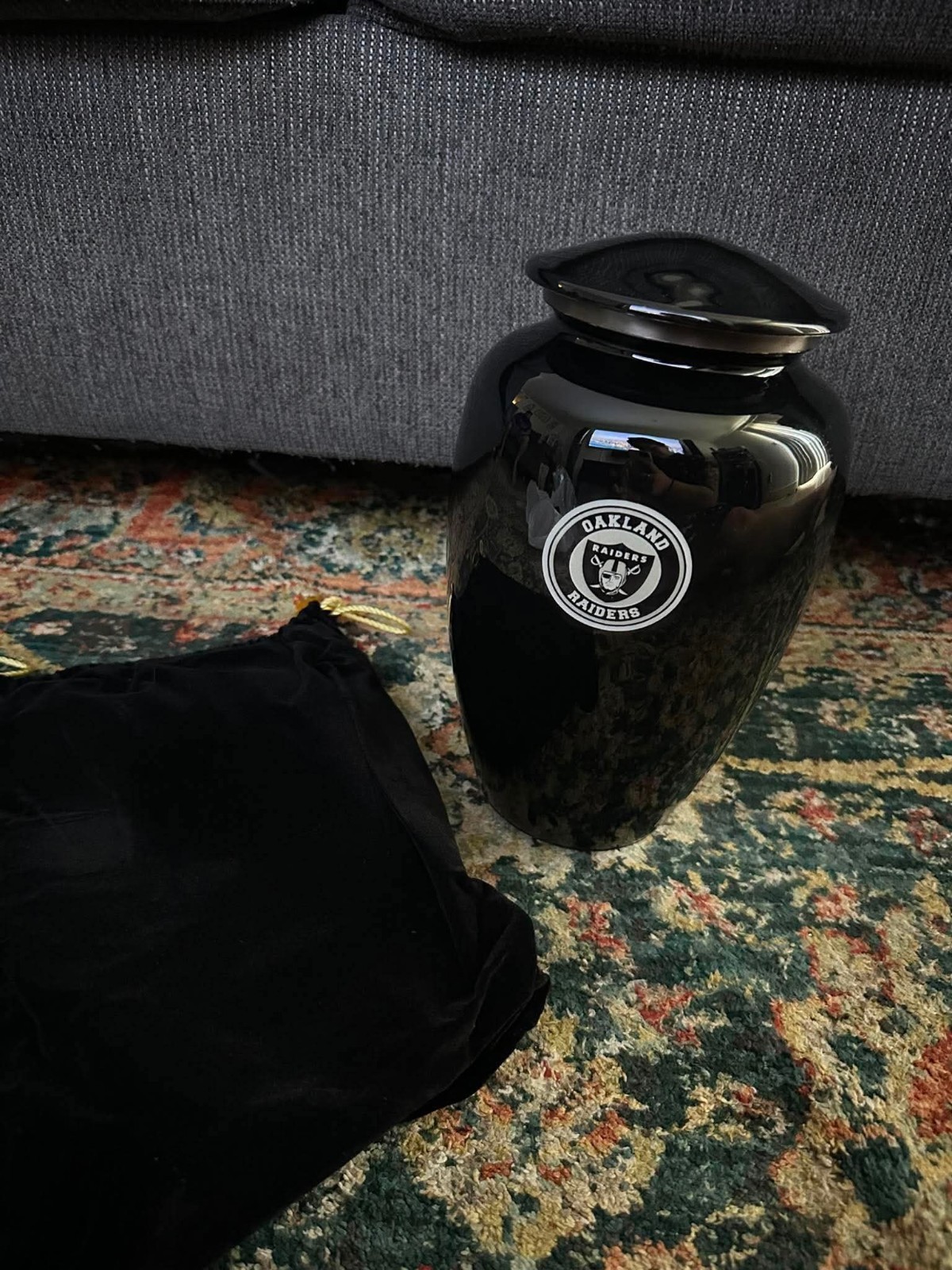 Oakland Raiders Black Metal Cremation Urn w/ Black Velvet Drawstring Bag
