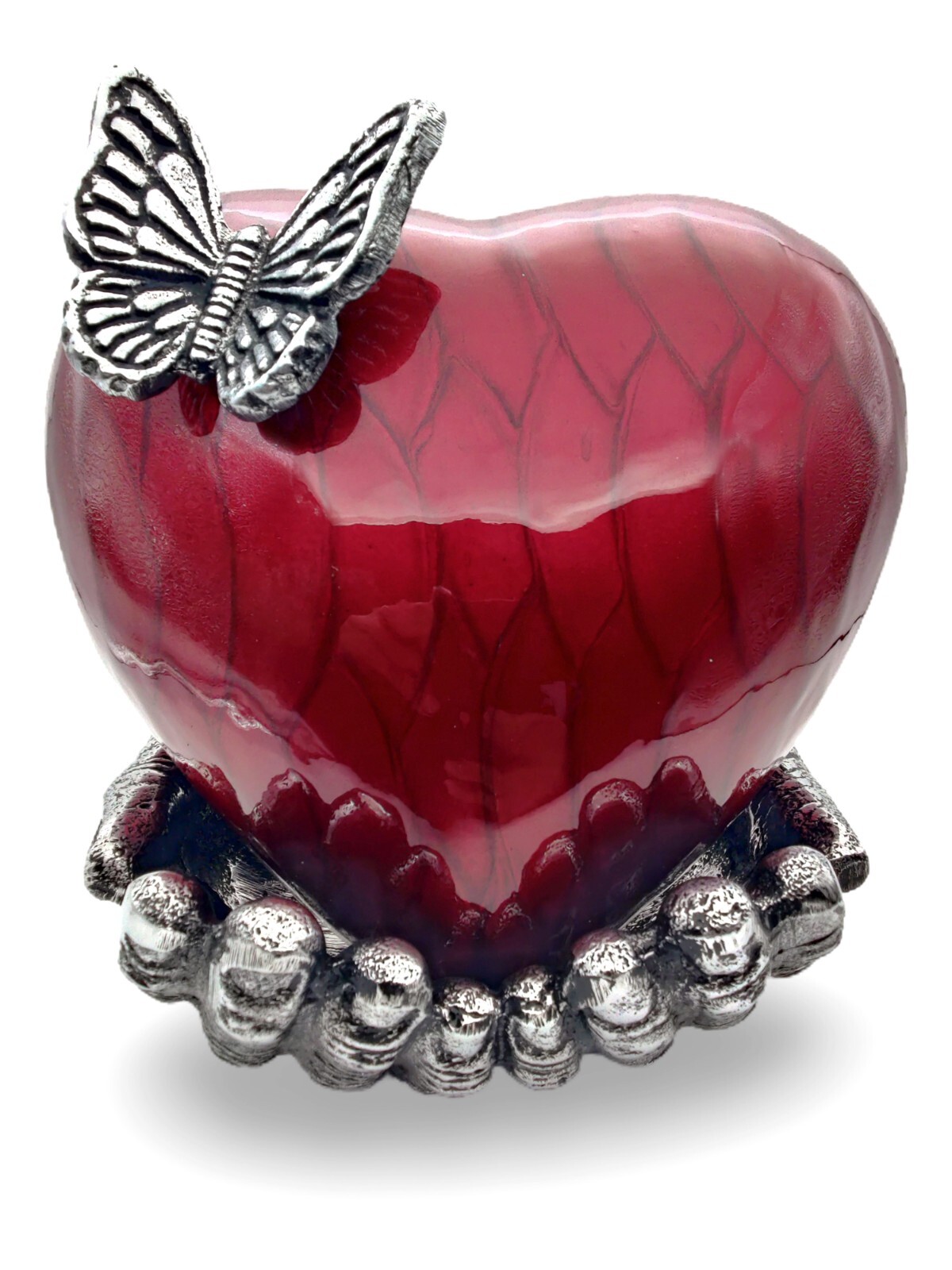 RED Butterfly Heart Cremation Urn for Ashes with Hand Shape Stand Memorial