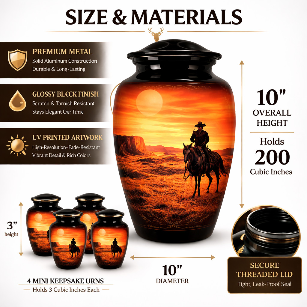 Western Cowboy Sunset Cremation Urn, Desert Landscape Memorial, Aluminum Metal