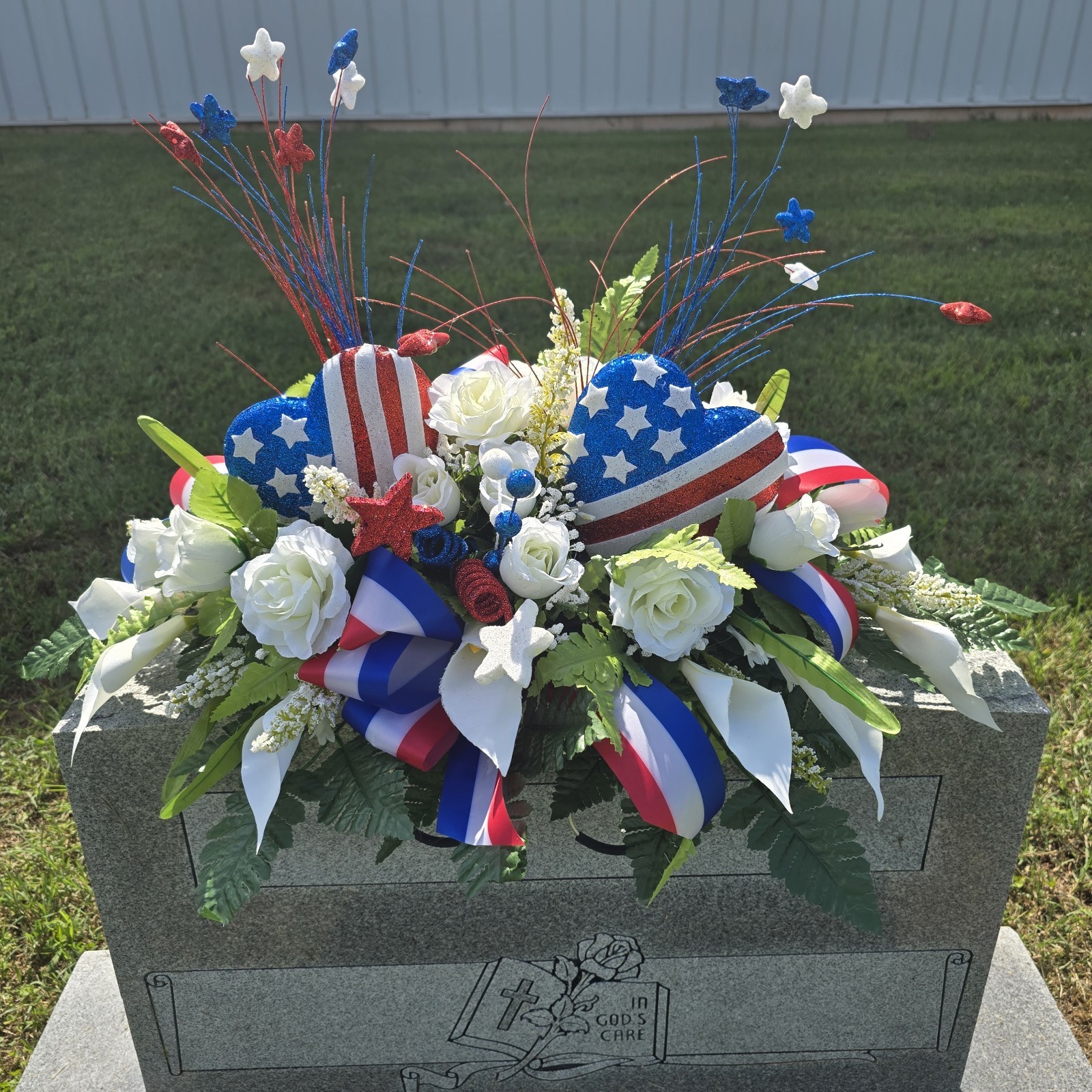 Patriotic Cemetery Headstone saddle RWB with Red,white, And Blue HEARTS
