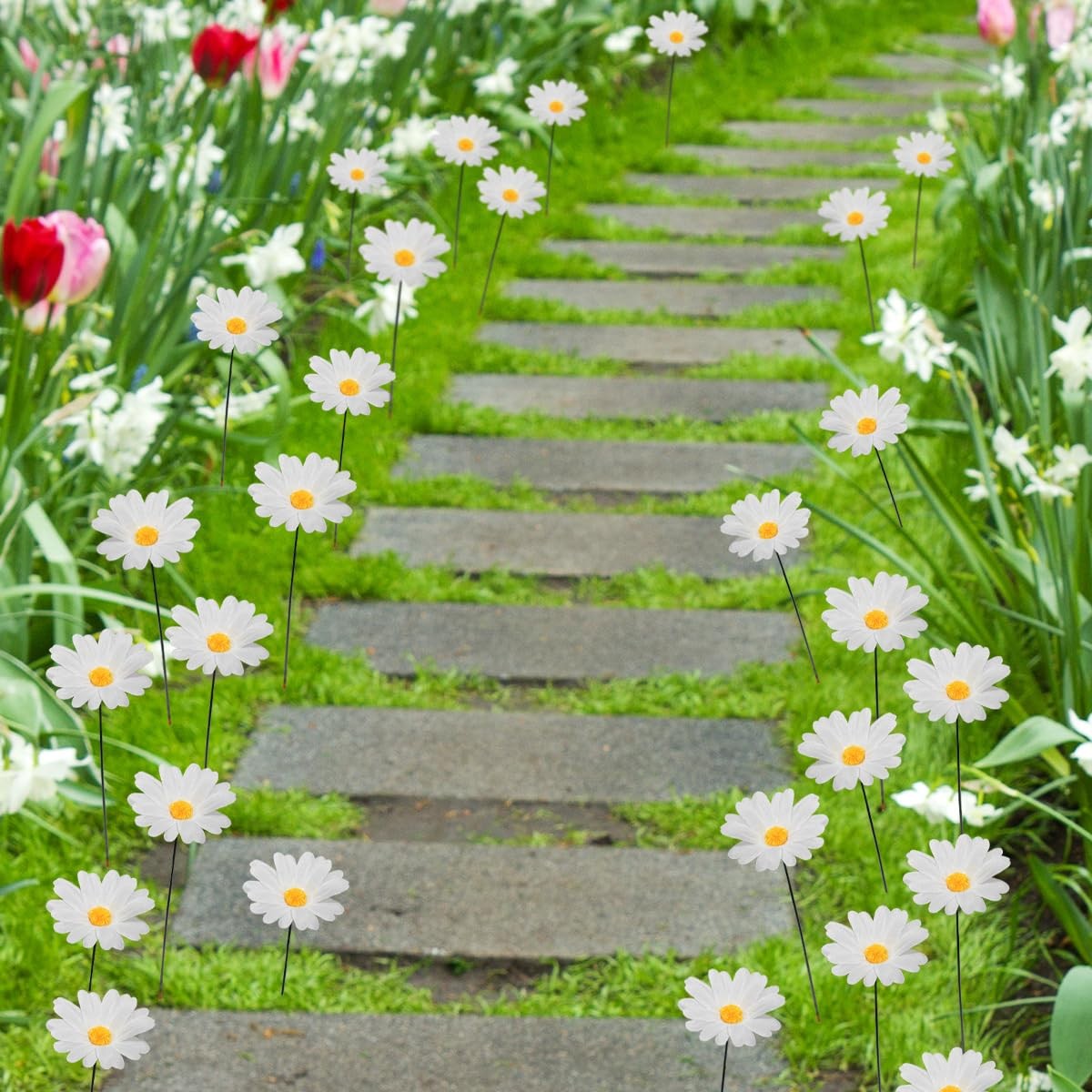 20Pcs Daisy Garden Stakes Iron Metal Flower Yard Patio Lawn Decor White