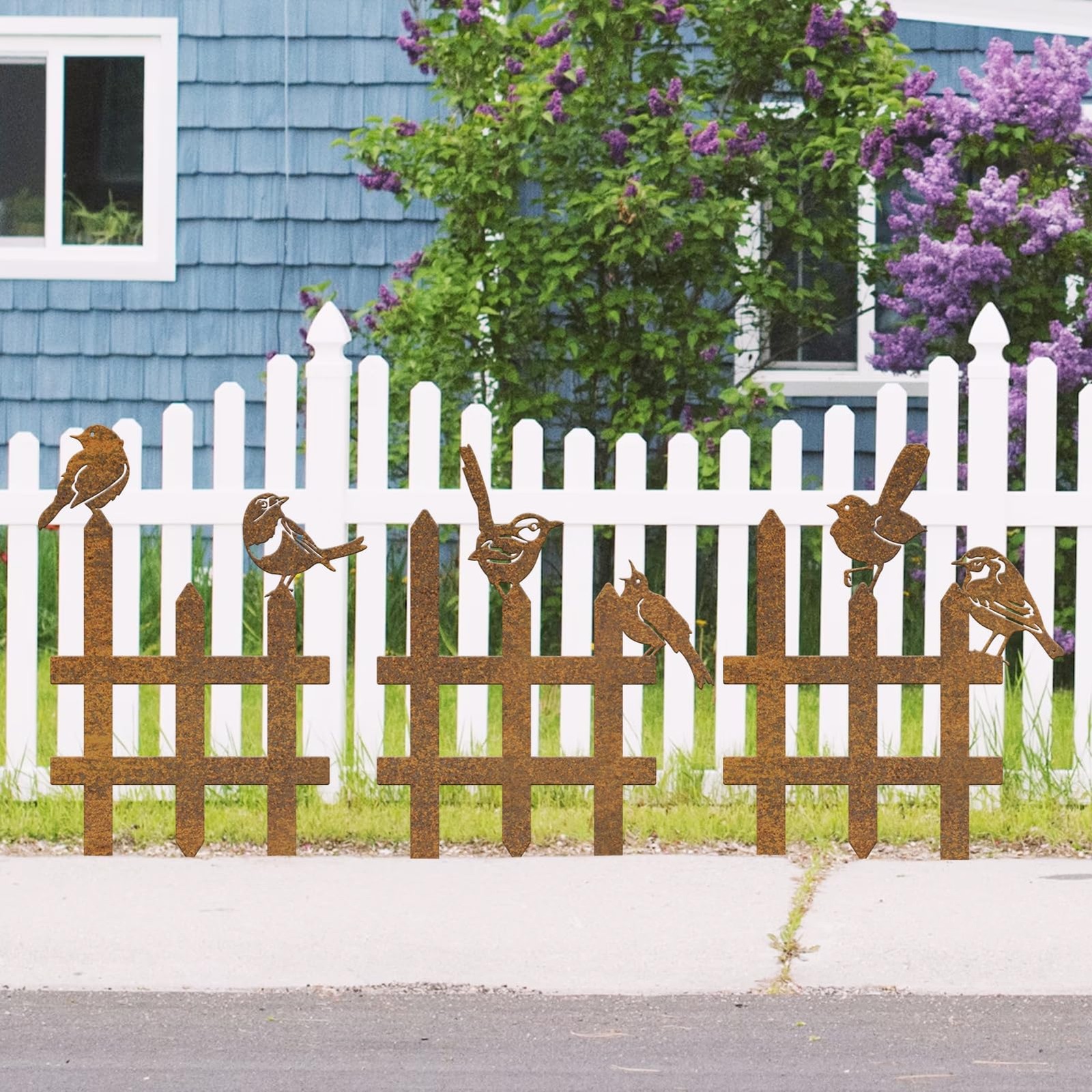 3 Pcs Small Garden Fence with 6 Pieces Birds Decoration, Metal Birds Yard Dec…