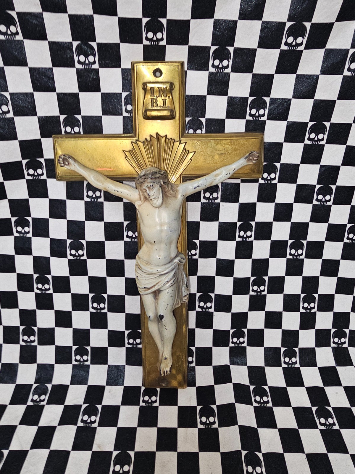 Vintage Funeral Casket Burial Cross Crucifix Brass 13″ Mid Century