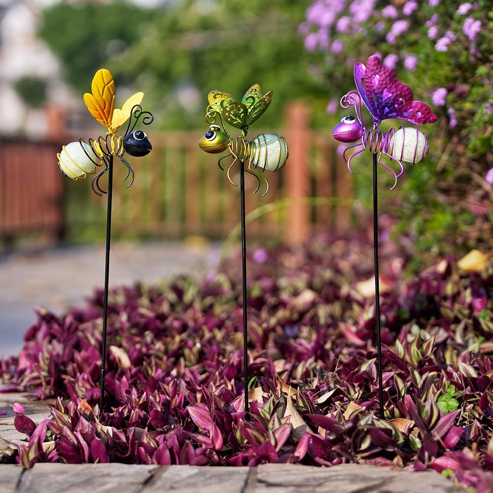 3 Pcs Luminous Bee Garden Stakes – Glow Dark Metal Yard Art Decor Gifts for Mom