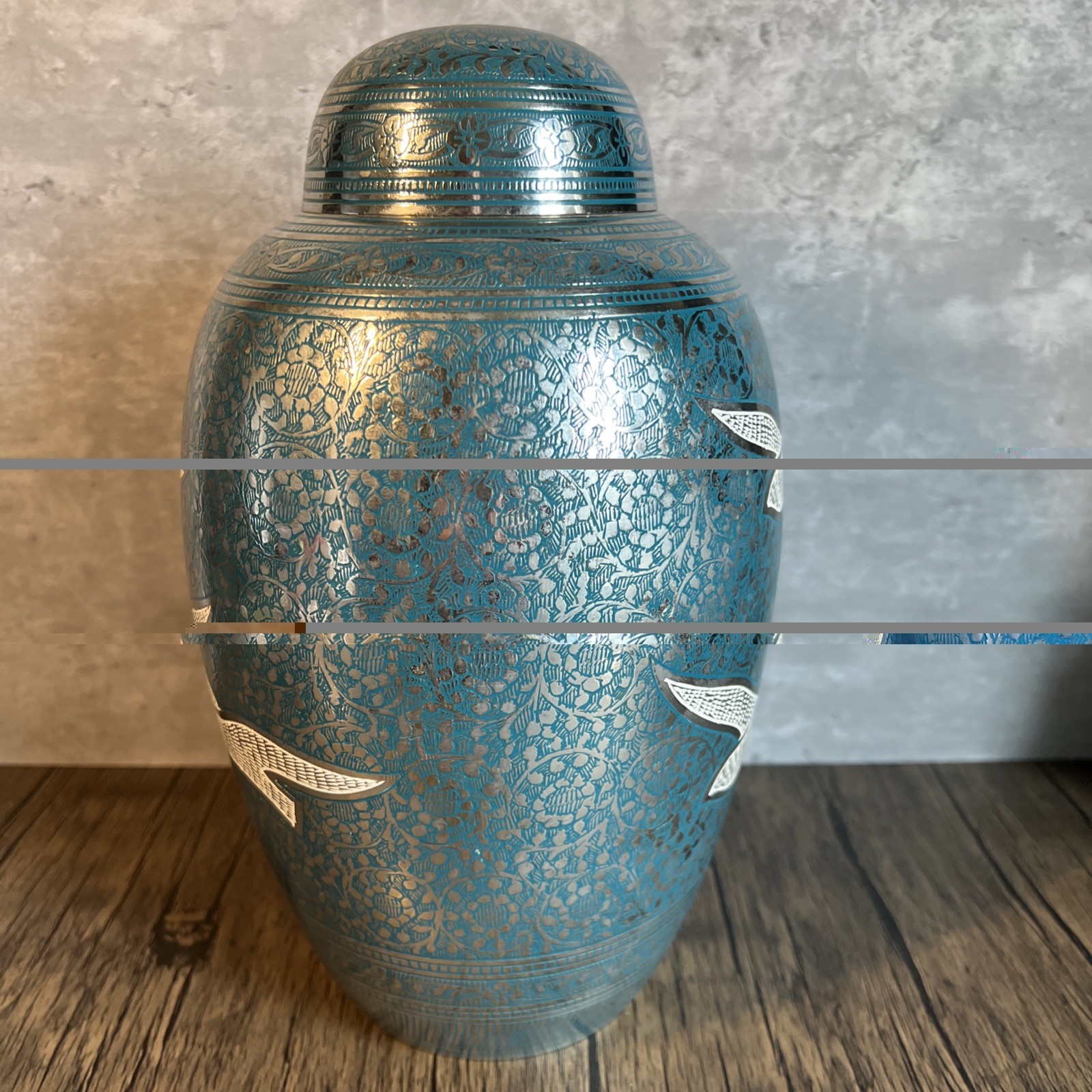 Adult Size URN, High quality Solid Brass Silver with Turquoise etched and Birds