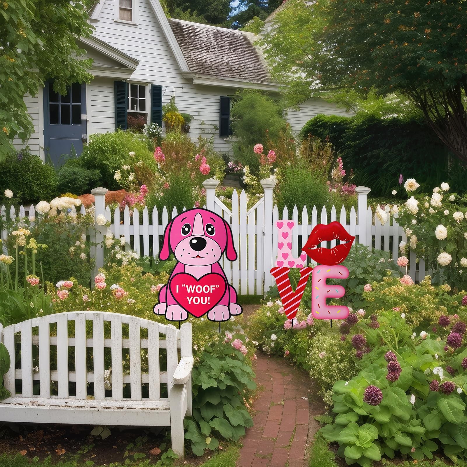 2 Pcs Valentines Day Yard Signs Metal Pink Dog with Heart Decoration Outdoor …