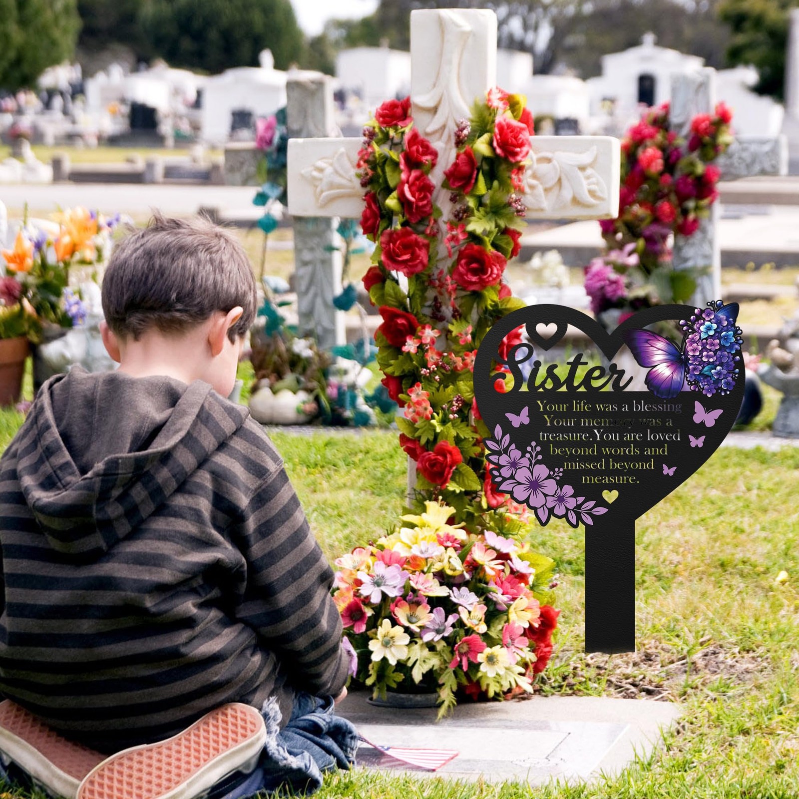 HeartShaped Sister Memorial Marker with Butterfly Design for Gravesite Decor