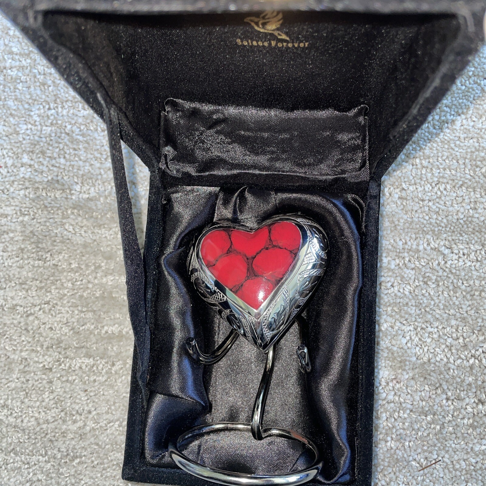 Red/Silver Heart Keepsake Urn Pets Mini Small Handcrafted Cremation W/ Stand