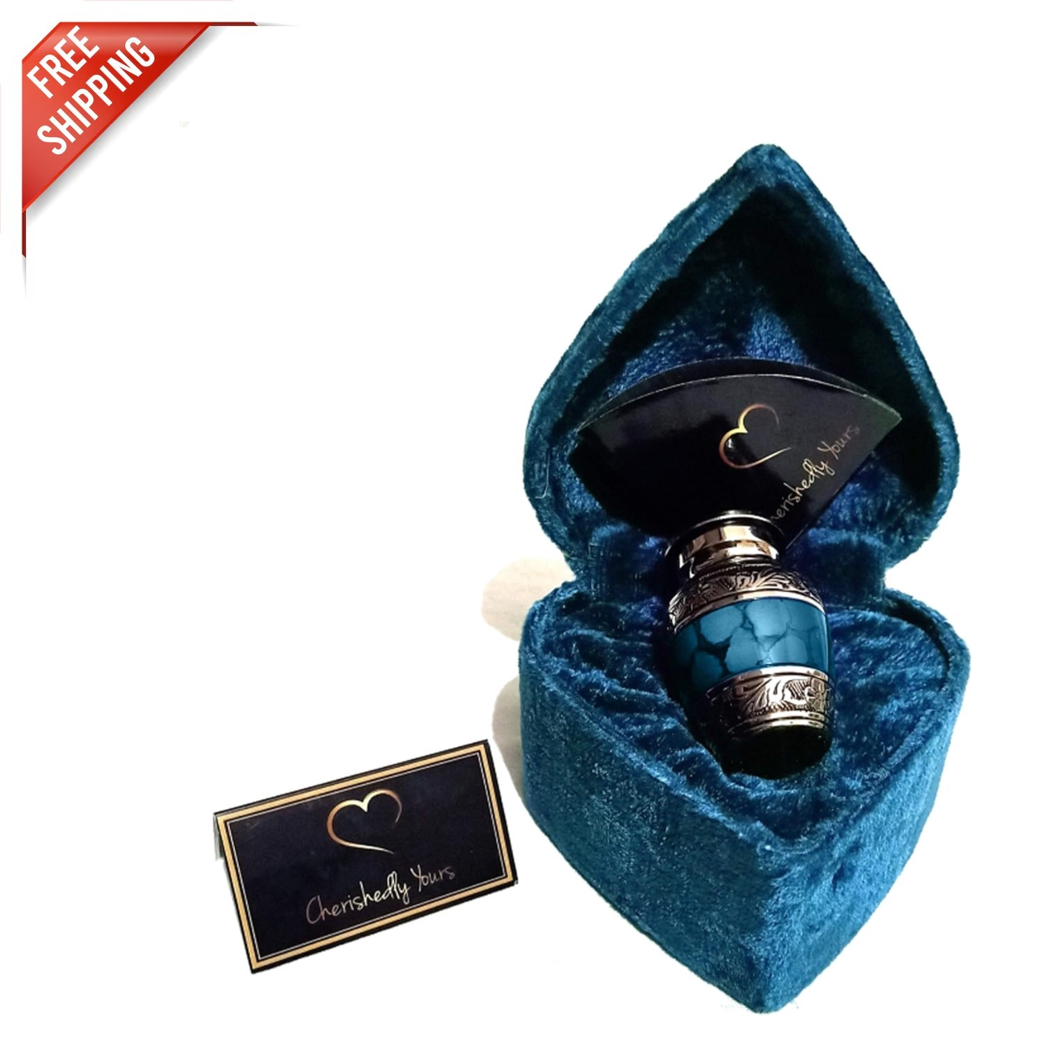 Compact Blue Brass Keepsake Urn with Funnel in Heart Velvet Case – 3 Tablespoons