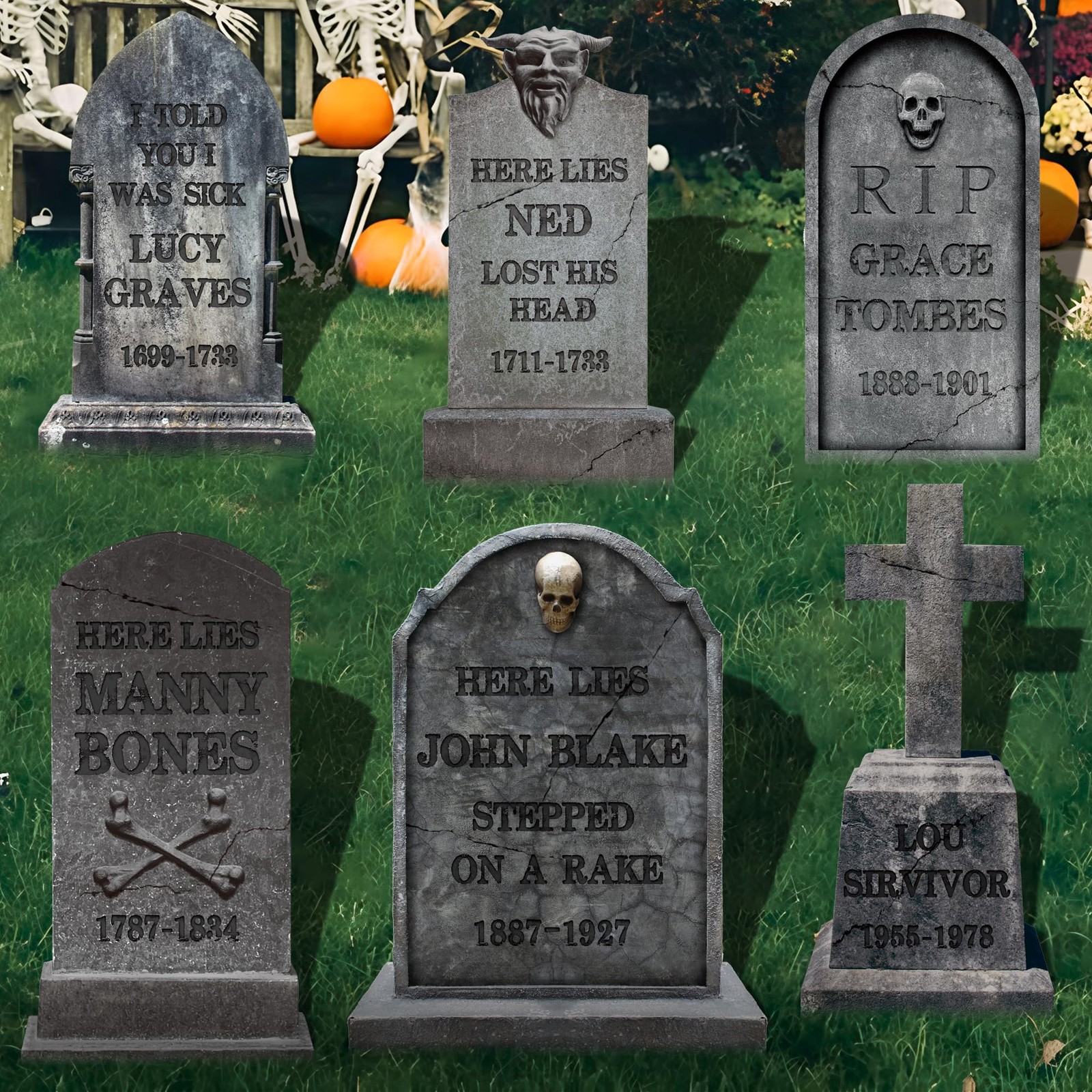 6 PCS Halloween Graveyard Tombstone Decorations 16.5″ Large Tombstone Yard