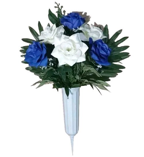 21″ Blue Cream Rose Memorial Cemetery Potted Silk Flower (Display Ready) BP#2248