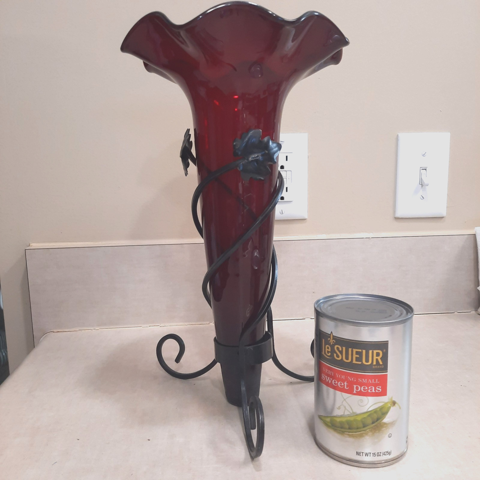 Antique Large 13″ Ruby Red Funeral Vase in Metal Stand