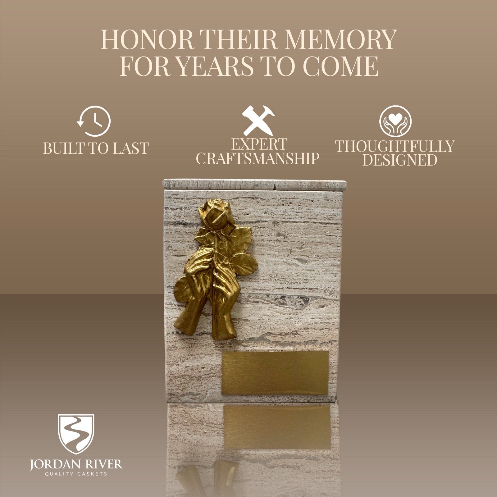 Marble Cremation Urn , With Golden Hands And Rose Design.