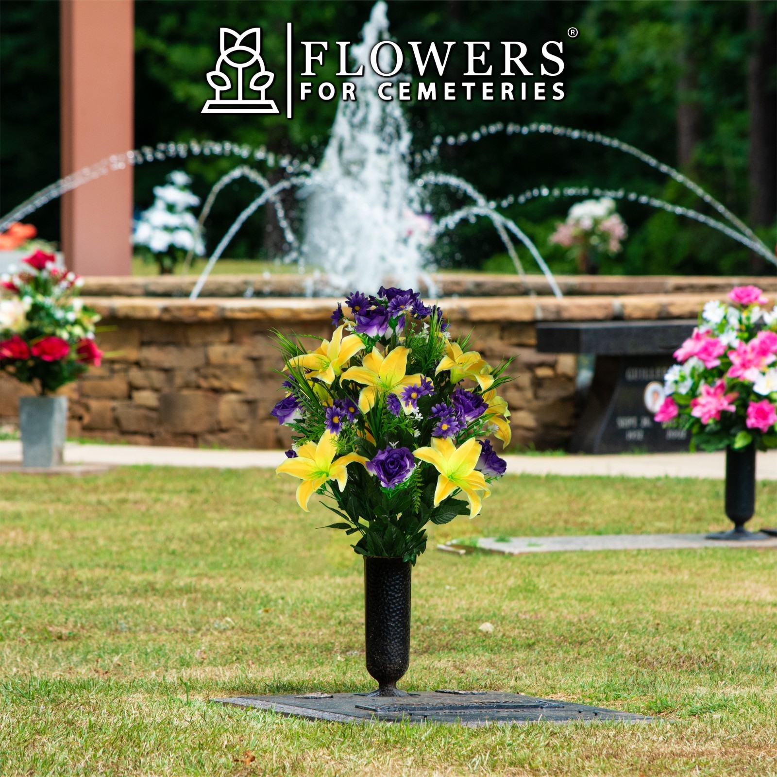 Artificial Cemetery Flowers- Yellow Lily with Purple Rose and Daisies with Vase