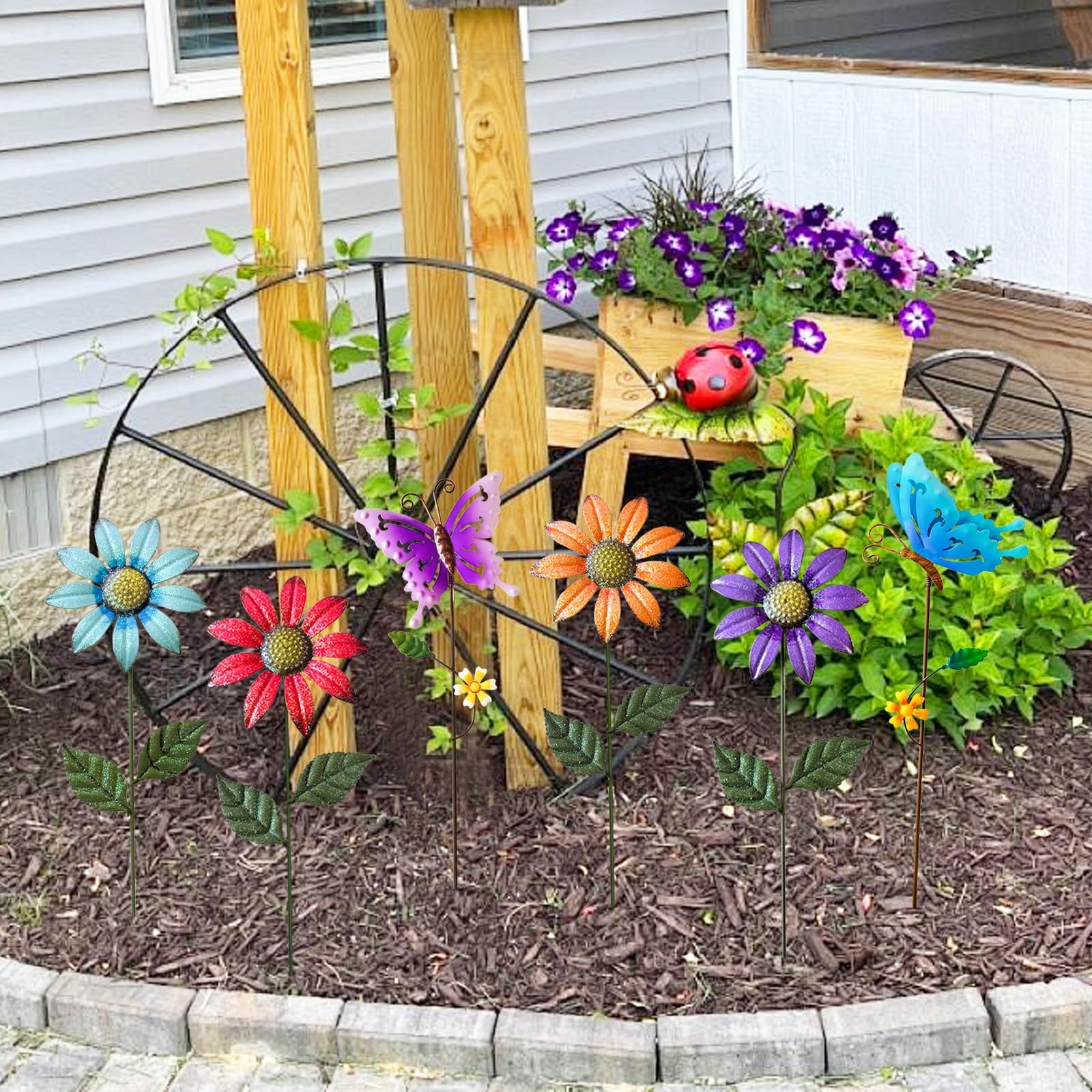6Pack Metal Flowers for Outside，16.15 Inch Metal Flowers&Colorful Butterfly D…