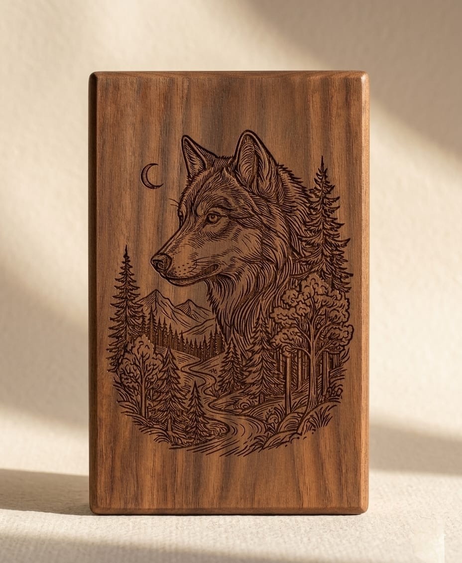 Wooden Cremation Urn: Laser-Engraved Wolf Forest Landscape Memorial Urn