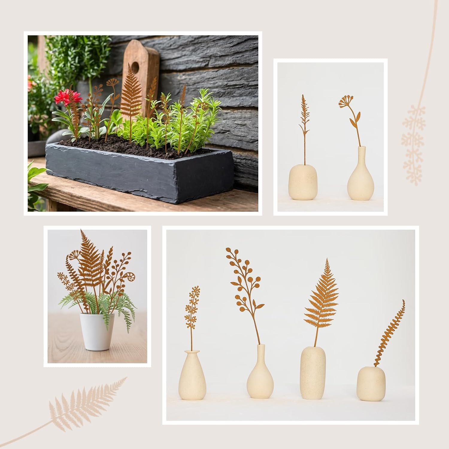 8-Piece Fern & Leaf Garden Stakes – Hand-Rusted Metal Plant Stakes Flower Beds
