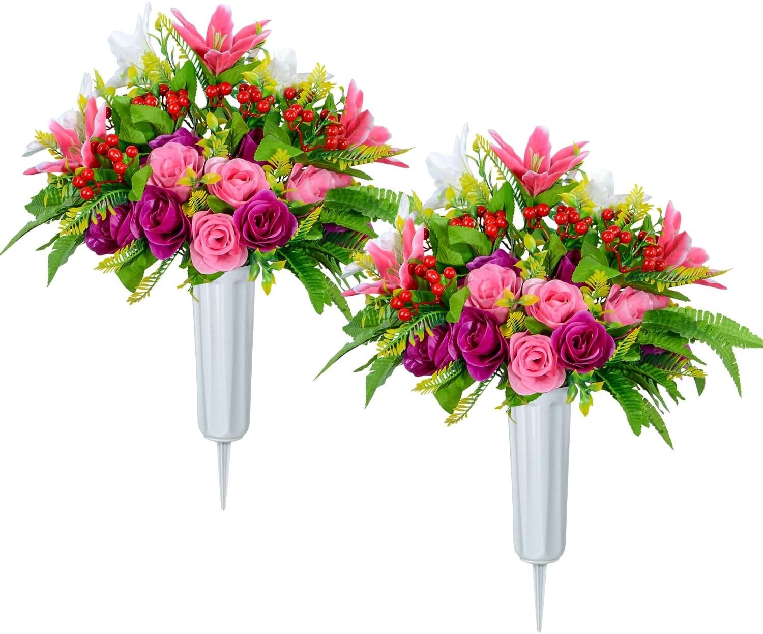 Set of 2 Elegant Artificial Cemetery Flowers with Vases for Lasting Tribute