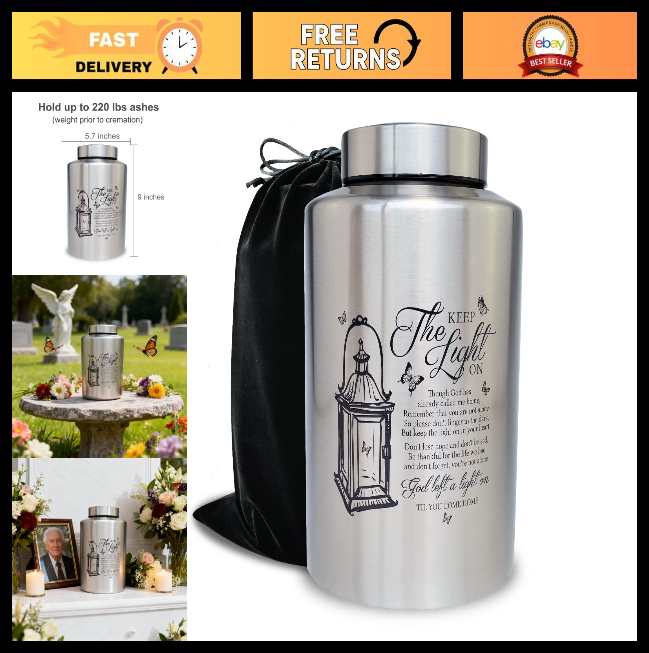 Large Cremation Urn for Adult Ashes, 220 lbs Capacity, Durable Stainless Steel,