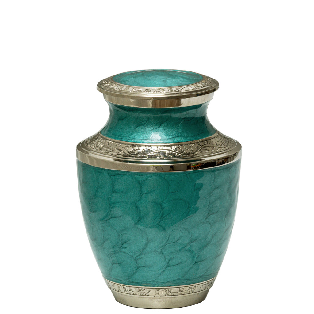 Medium 90 Cubic Inches Mother of Pearl Aqua Brass Cremation Urn for Ashes
