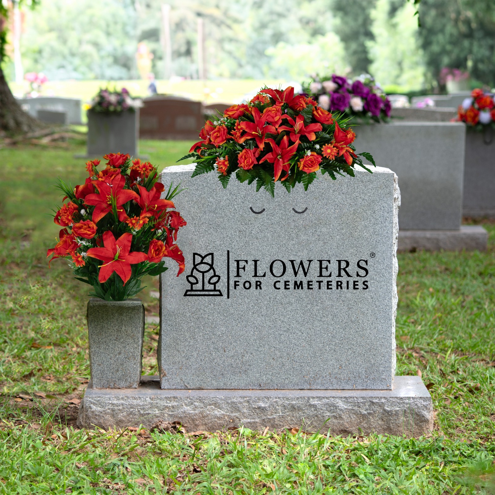 Artificial Gravesite Flowers – Fire Red Lily, Rose, and Daisies Saddle & Bouquet