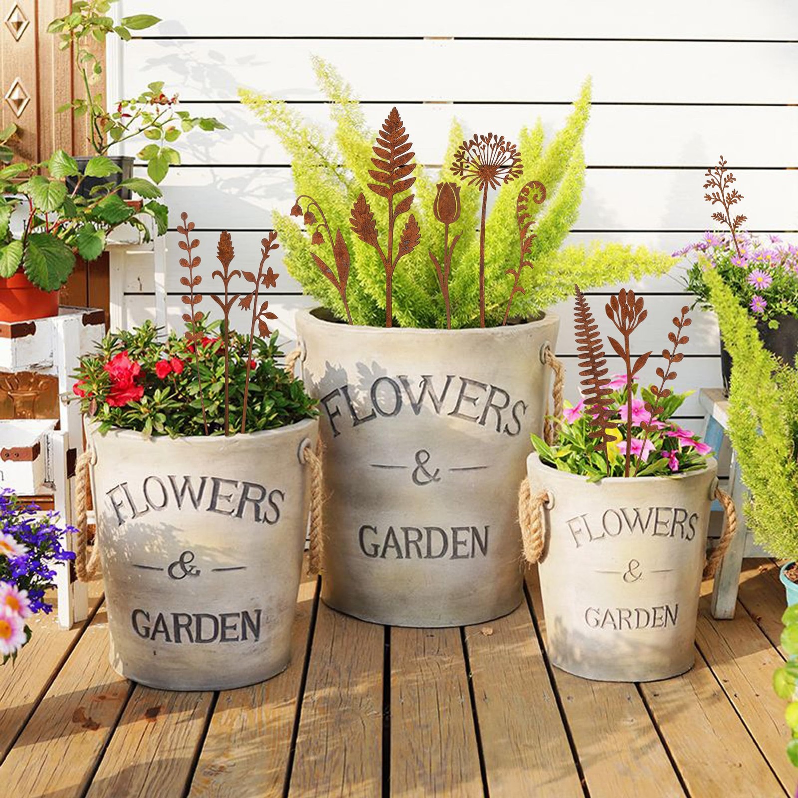 12 Pcs Rusty Metal Flower Garden Stakes for Outdoor Plant Decoration