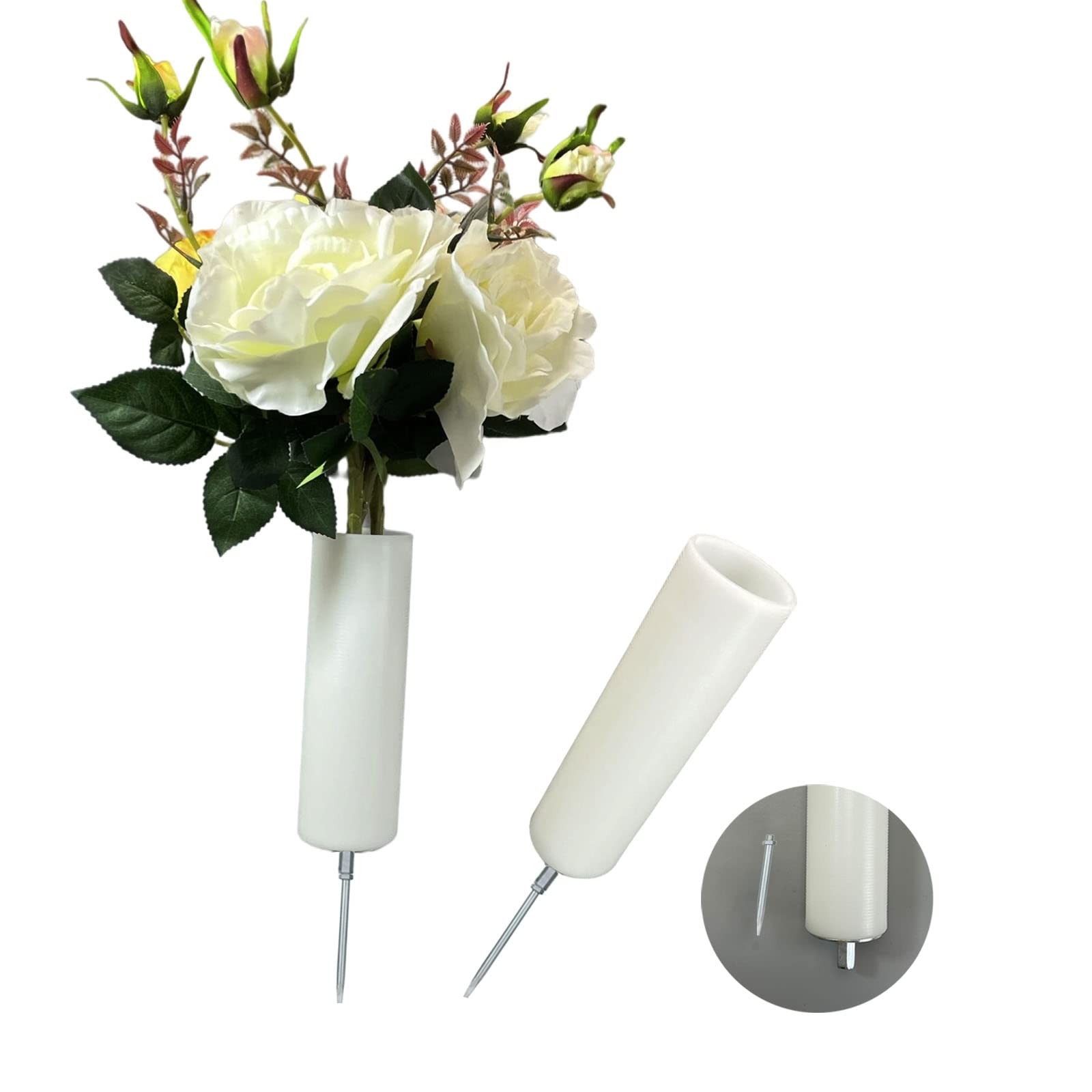 2 PCS 11 Inch White Cemetery Grave Vase With Metal Spike Flower Holder Decor