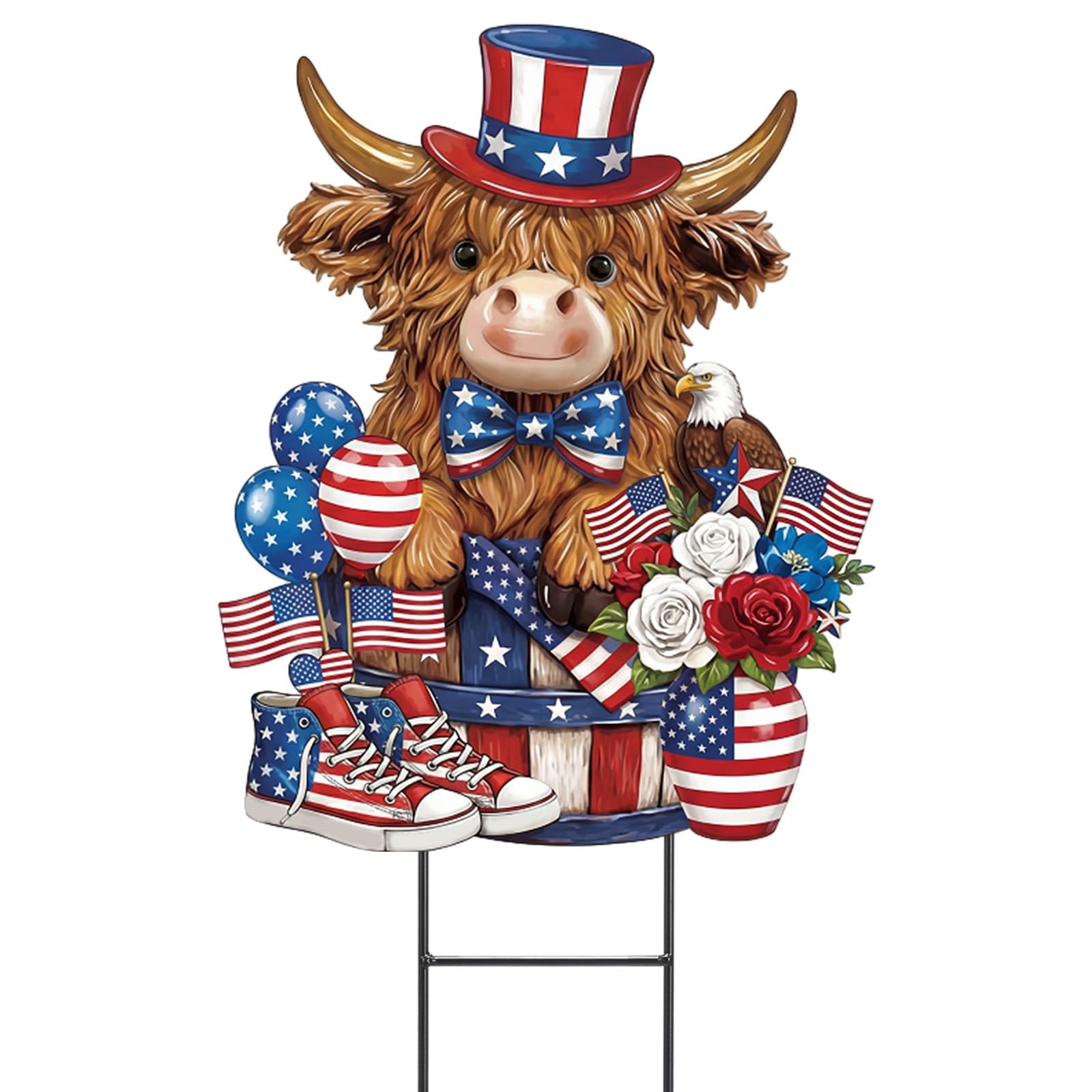 4th of July Highland Cow Metal Garden Stakes Patriotic American Flag Red Whit…