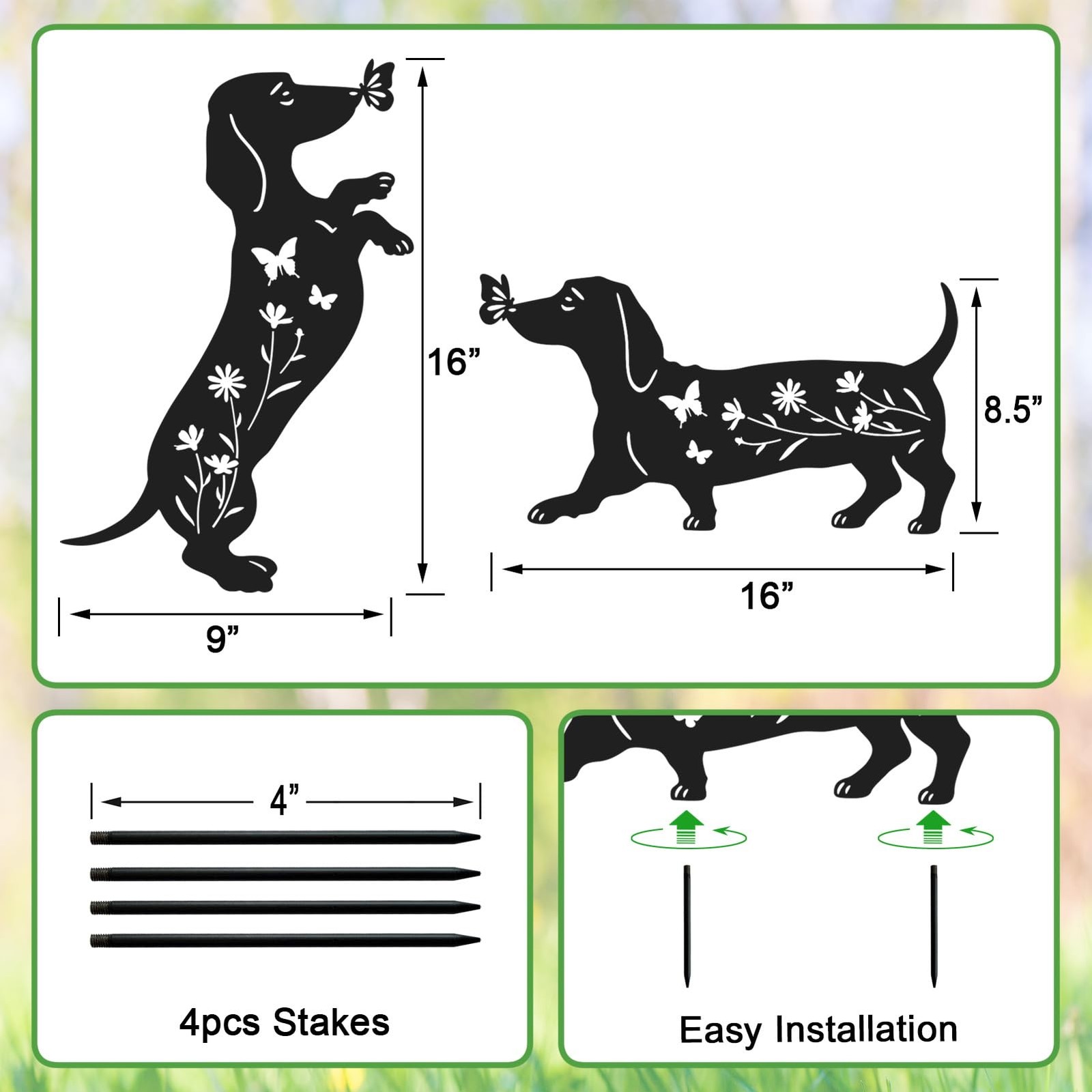 Pack 2 Dog Metal Garden Decor for Outside,Dachshund Silhouette Garden Stakes,…