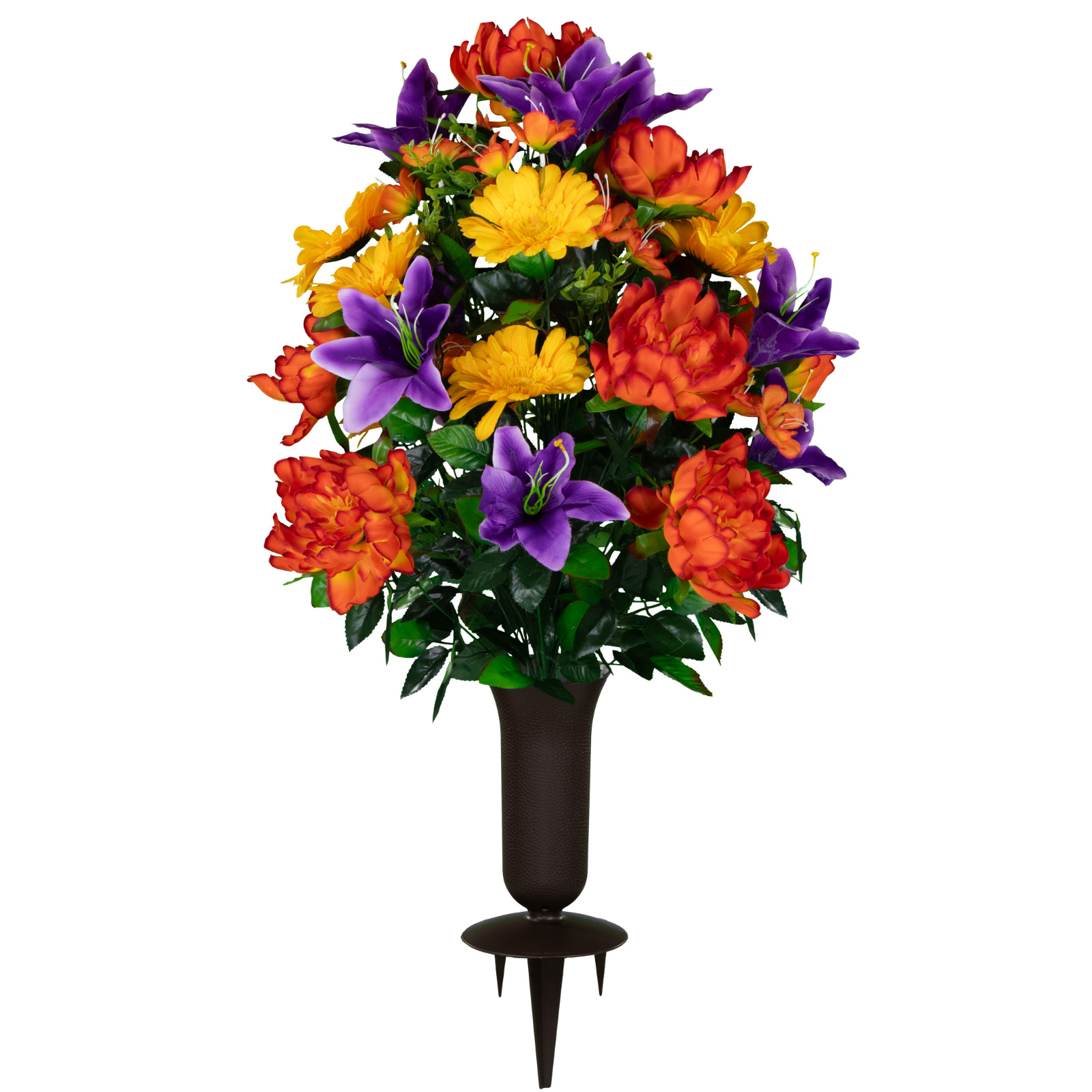 Artificial Bouquet- Orange Peonies, Purple Lilies, & Yellow Daisies with Vase