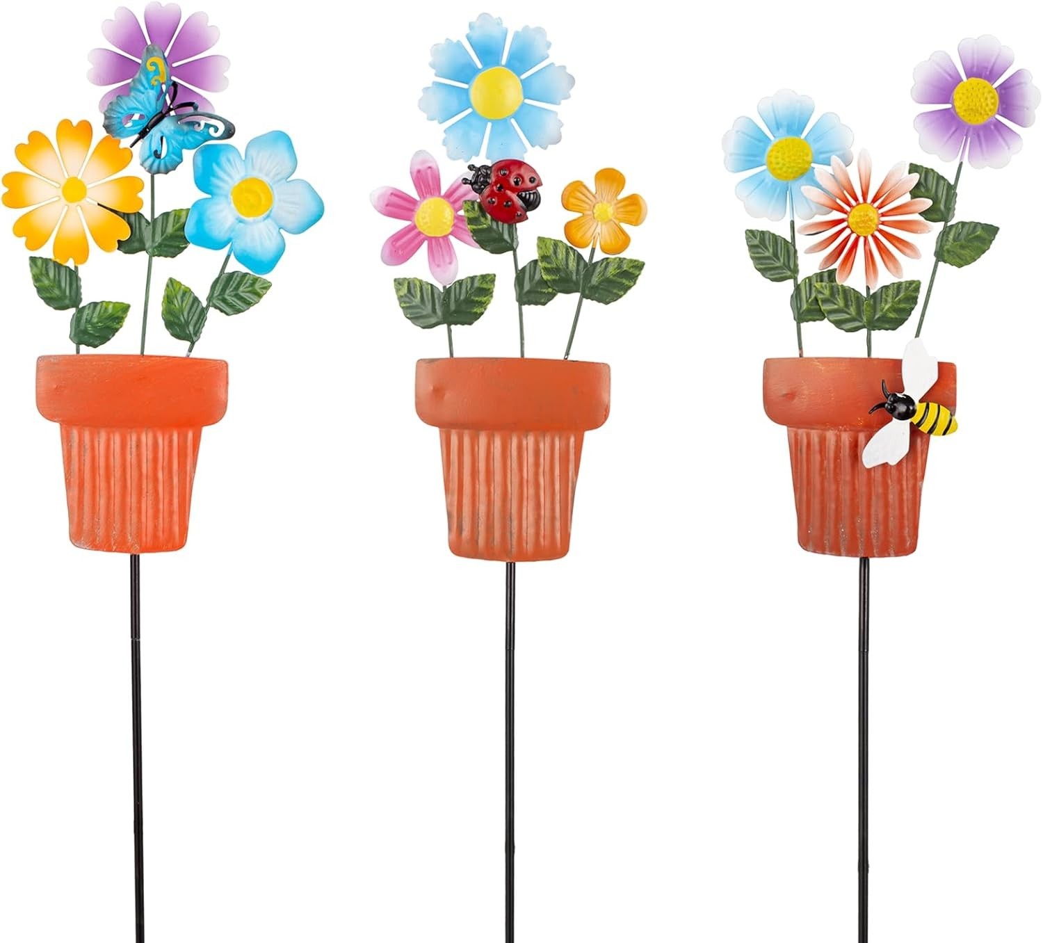 3 Pcs Metal Flower Garden Stakes, 24″ H Flower Pot Shape Decorative Garden St…