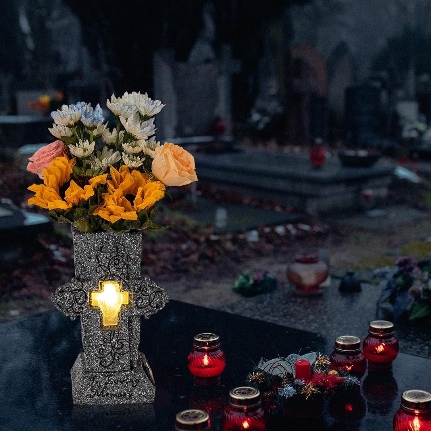 Handcrafted Solar Flower Vase with Durable Resin – Perfect for Graveside