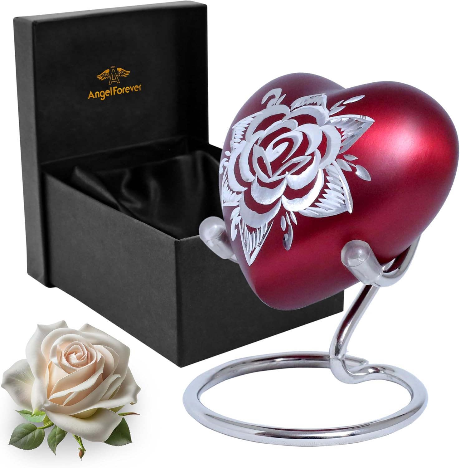 Rose Heart Keepsake Urn for Human Ashes Floral Mini Memorial Urn with Stand & Ve