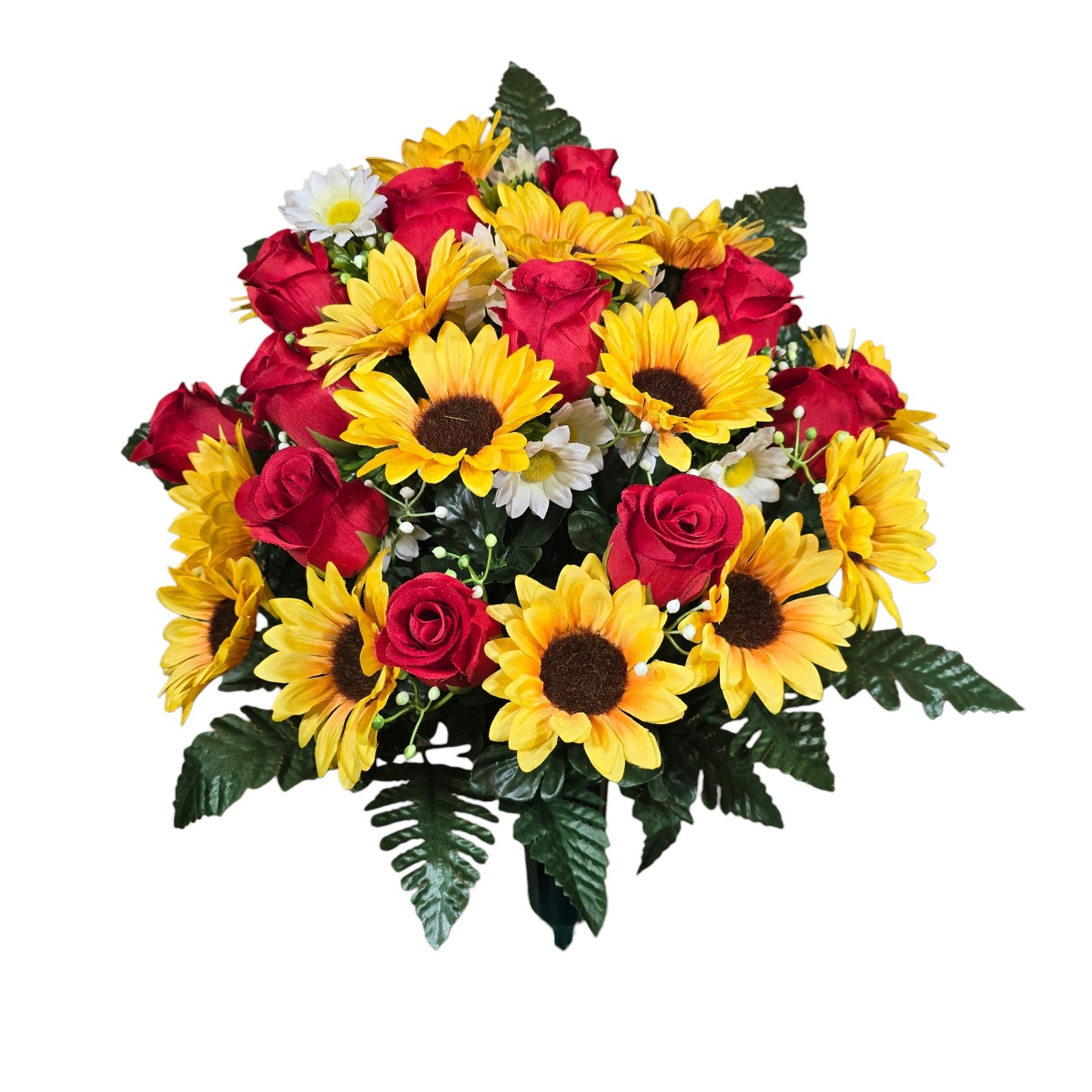 SUNFLOWER CEMETERY VASE MEMORIAL DECORATION WITH RED ROSEBUDS AND SUNFLOWERS
