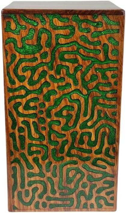 Handmade Rosewood & Resin Carved Wooden Urn for Human Ashes 250cu” Adult – Green