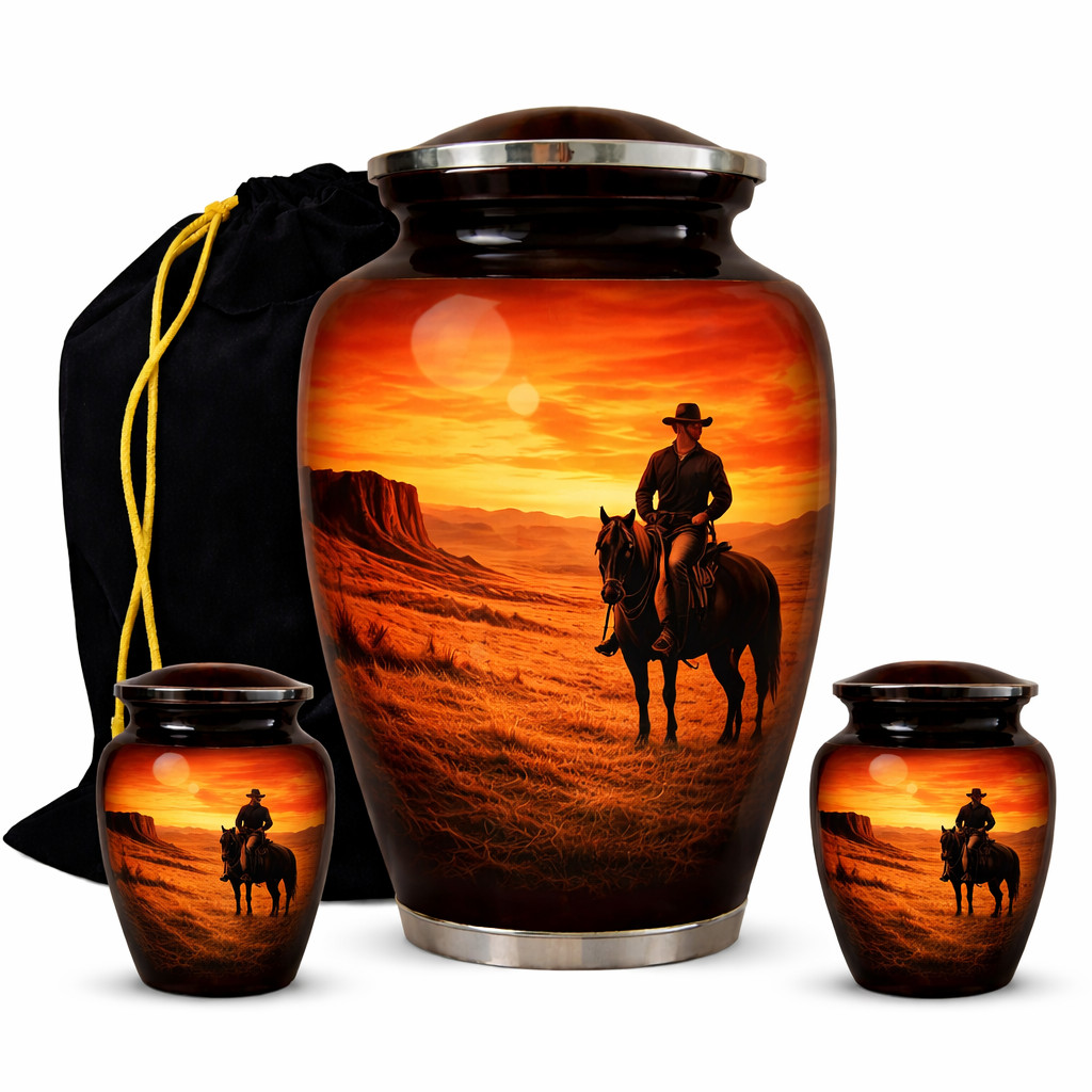 Western Cowboy Sunset Cremation Urn, Desert Landscape Memorial, Aluminum Metal