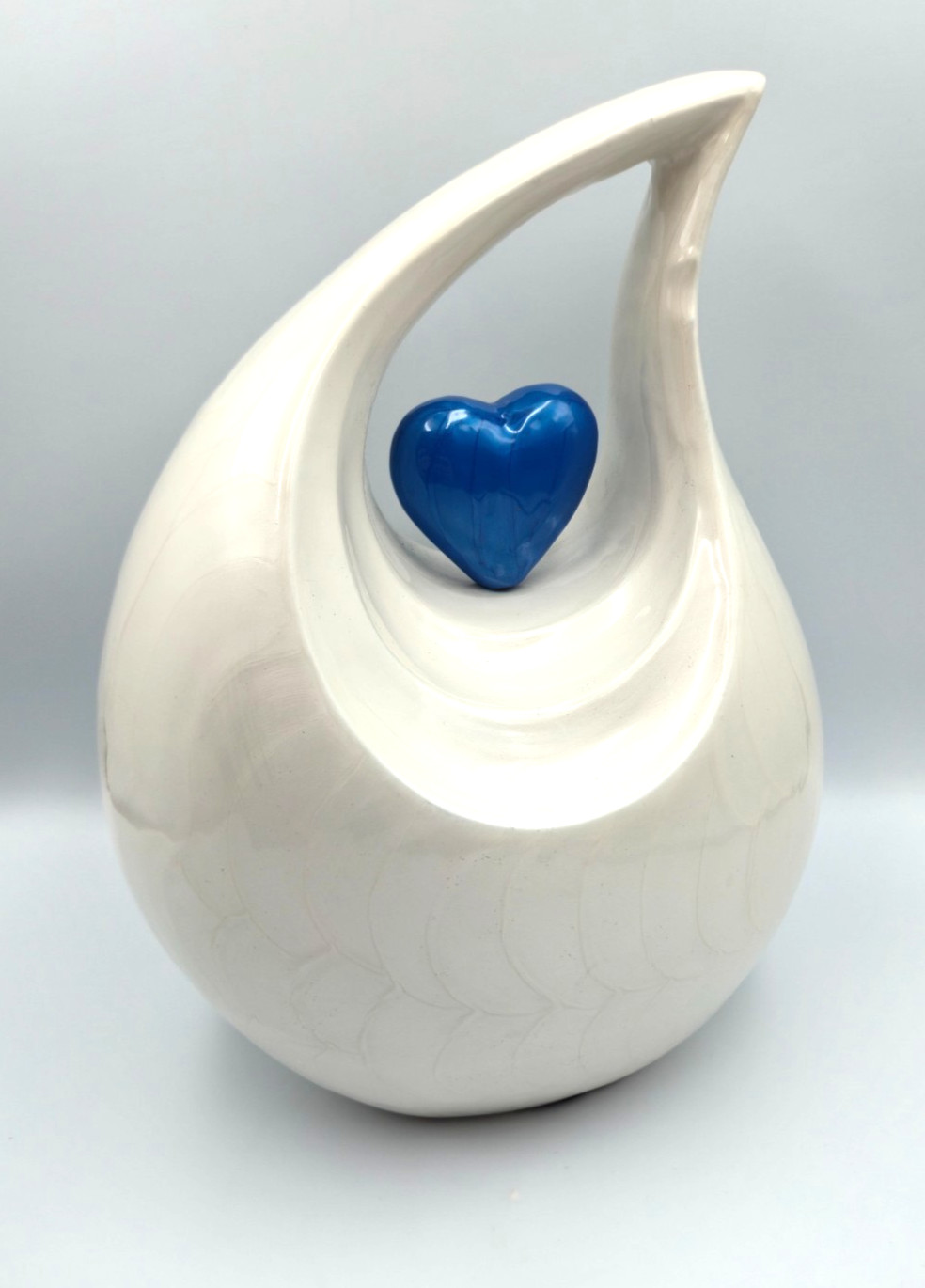 Heart of Love Cremation Urn for Adult Human Ashes, 12in, White With Blue Heart