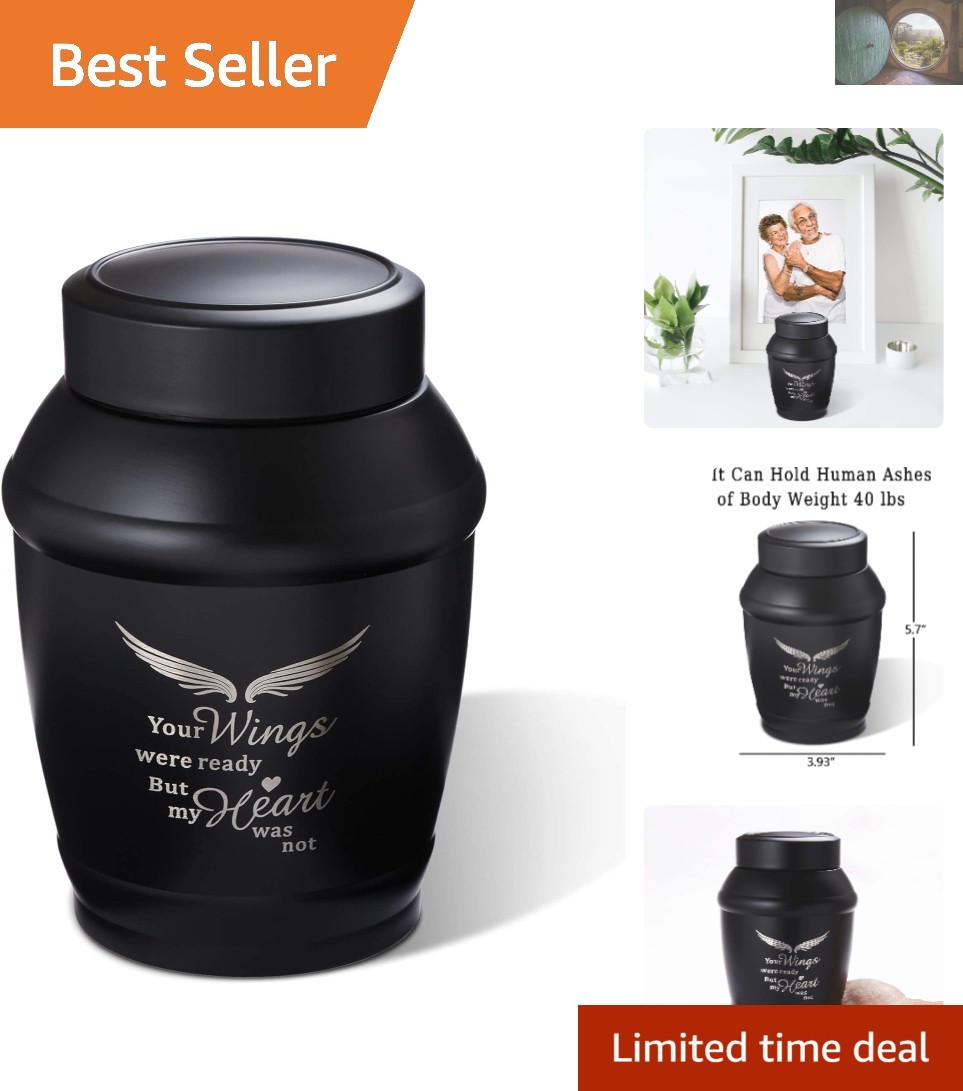 Exquisite 5.7″ Black Angel Wings Cremation Urn – Lasting Tribute to Loved Ones