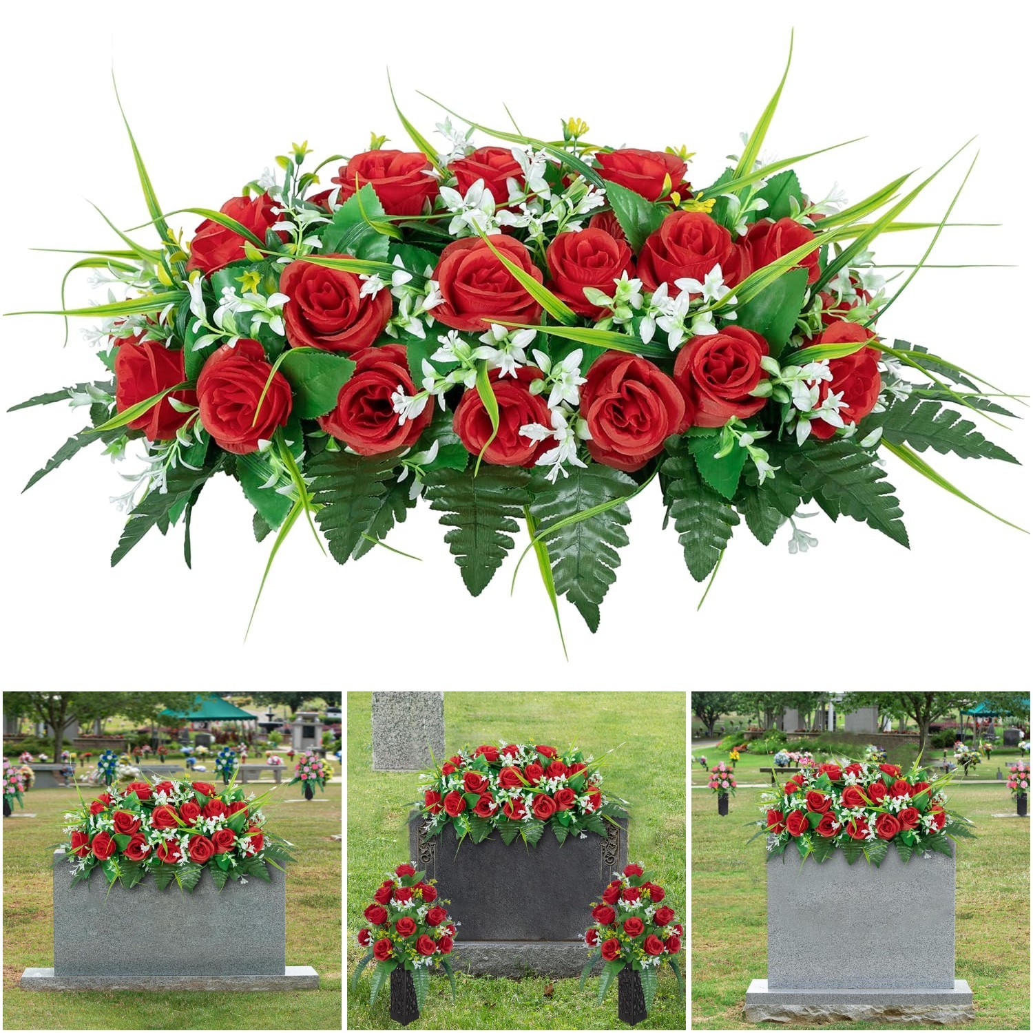 Outdoor Cemetery Tombstone Flower Saddle Non-Bleed Rose Red Combination