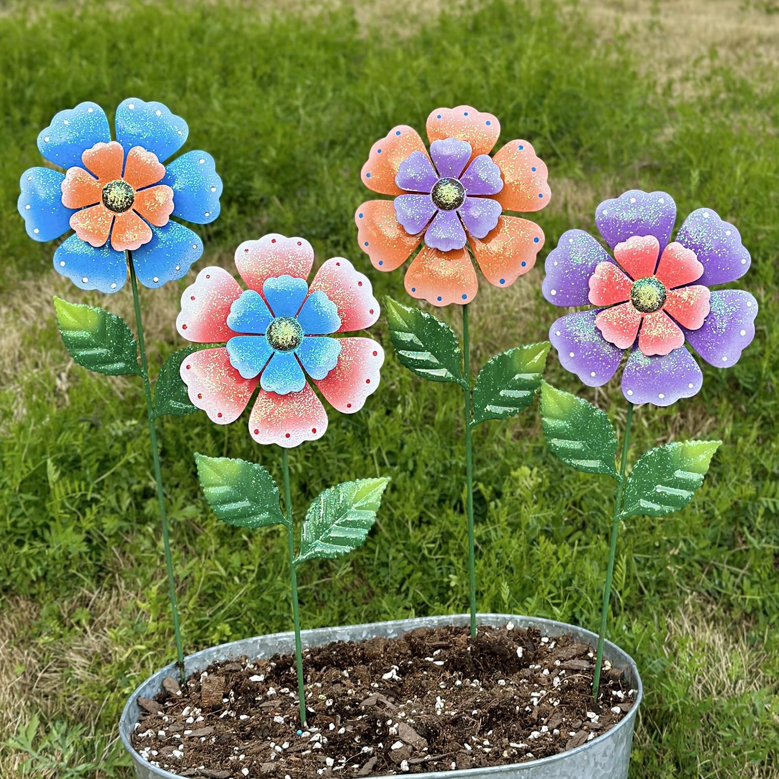 4-Pcs 16.5″ Metal Flower Garden Stakes: Hand-Painted, Weather-Resistant Decor